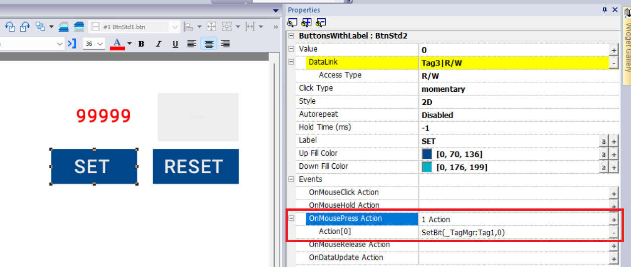 set bit action for a abb hmi widget component